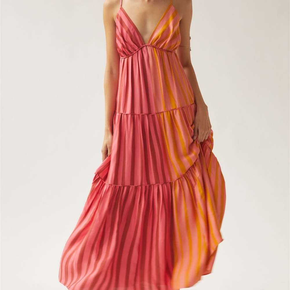 Farm Rio x Anthropologie Deep-V Mixed-Stripe Maxi Dress - Pink Combo